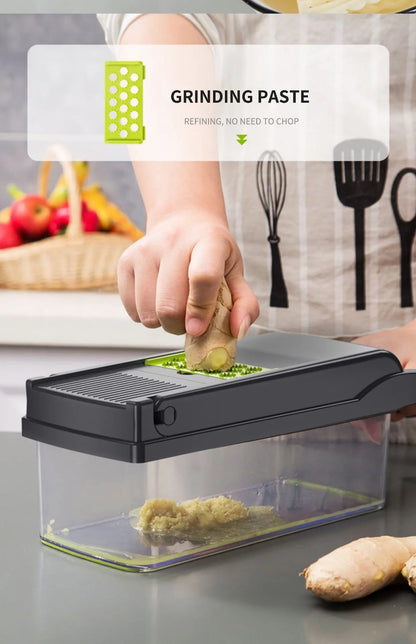 12-in-1 Multifunctional Vegetable Slicer & Chopper – Green & Black | Versatile Fruit, Potato, and Carrot Grater with Drain Basket