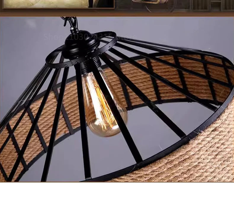 Retro Industrial Hemp Rope Pendant Lamp - Antique Iron Chandelier for Dining Room & Ceiling Lighting