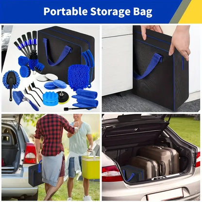 Collage of a portable storage bag with car detailing tools, showcasing convenience for car cleaning on the go.