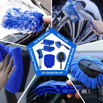 Collage of premium car detailing kit components including car wash mitt, tire brush, and cleaning towels.