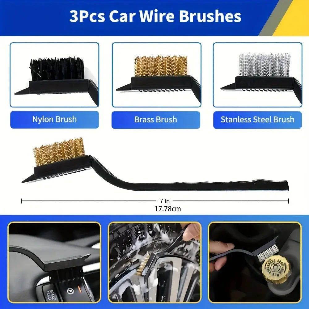 3 car wire brushes including nylon, brass, and stainless steel options for effective car cleaning.