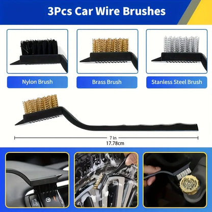 3 car wire brushes including nylon, brass, and stainless steel options for effective car cleaning.
