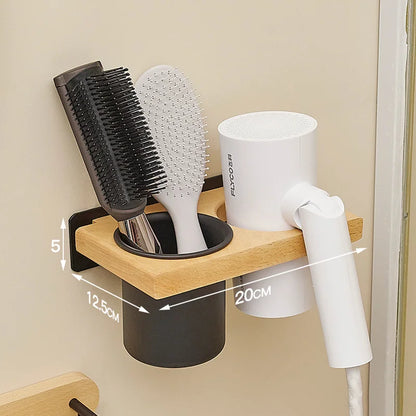 Farmhouse Wooden Wall Mount Hair Dryer Holder — Stylish Bathroom Hair Tool Organizer