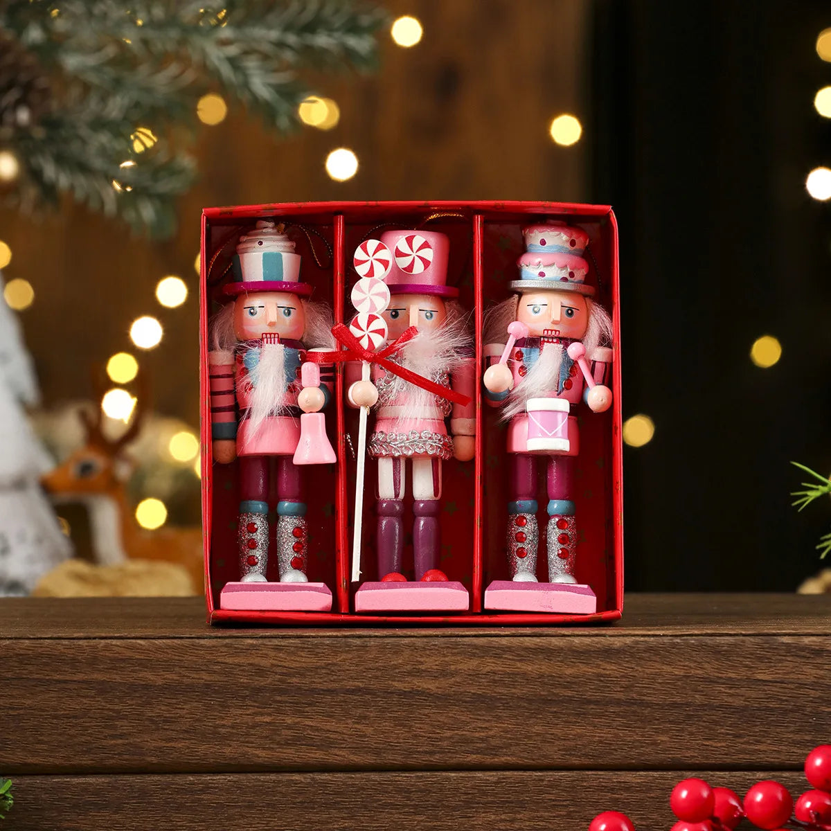 3/4/5PCS Christmas Tree Decoration Pecan Soldier Hanging Christmas Wooden Ornament – New Year Pecan Soldier Gift Set - Housite 3PCS-PINK