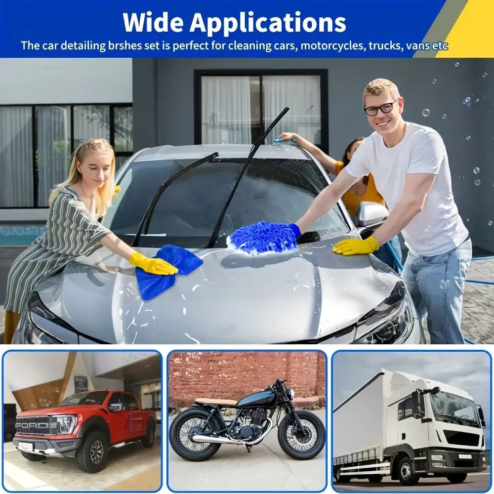 Two people using car detailing brushes to clean various vehicles, showcasing the versatile car detailing kit.