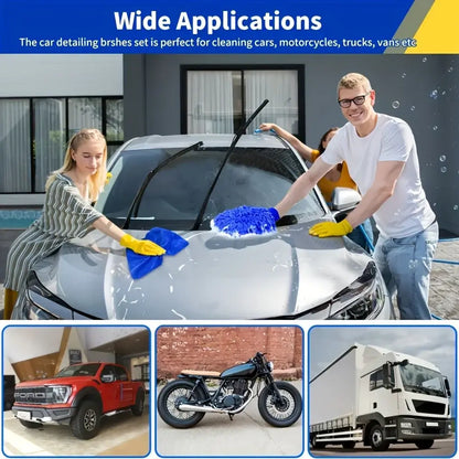 Two people using car detailing brushes to clean various vehicles, showcasing the versatile car detailing kit.