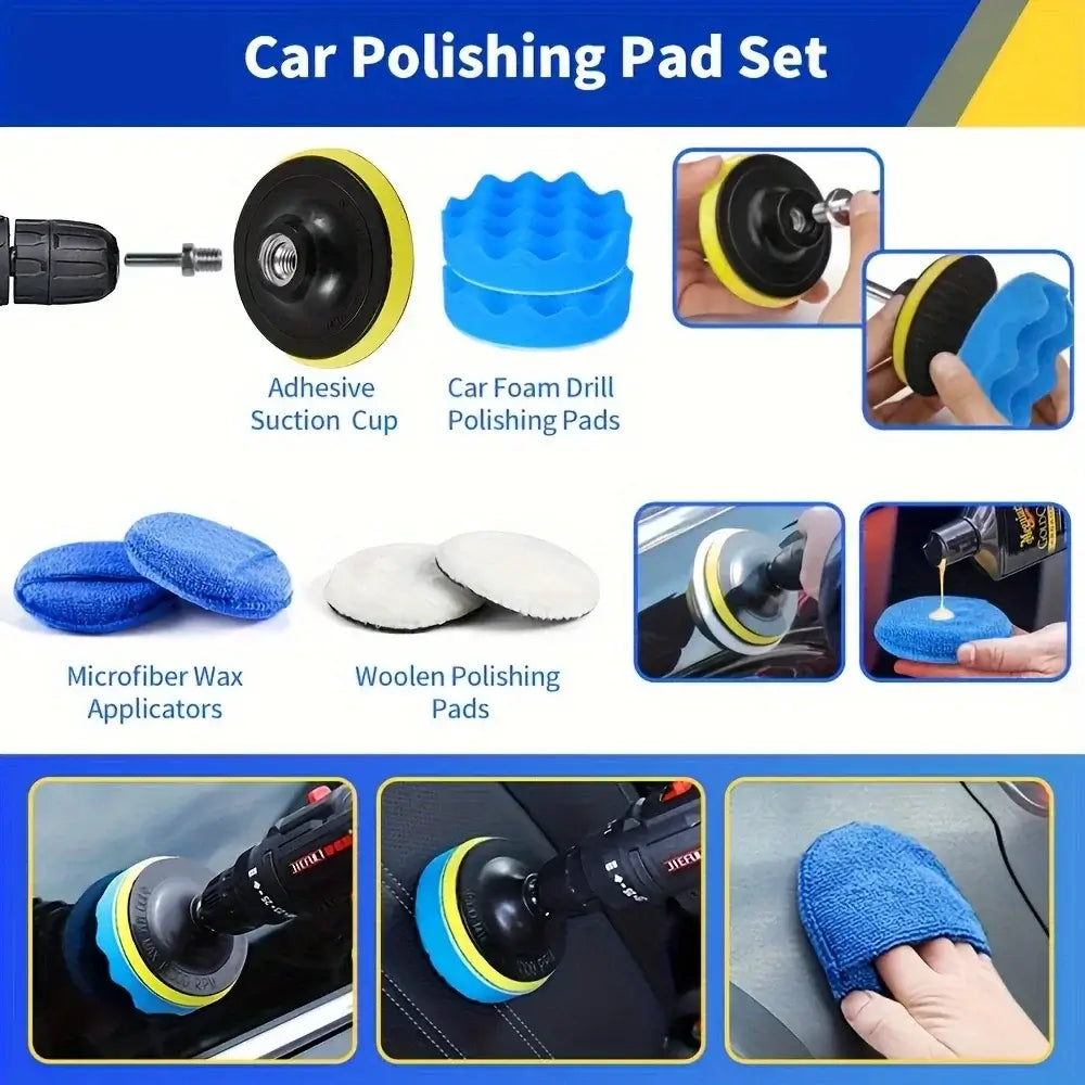Car polishing pad set featuring drill polishing pads, suction cup, microfiber applicators, and woolen pads for effective detailing.