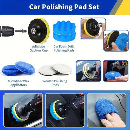 Car polishing pad set featuring drill polishing pads, suction cup, microfiber applicators, and woolen pads for effective detailing.