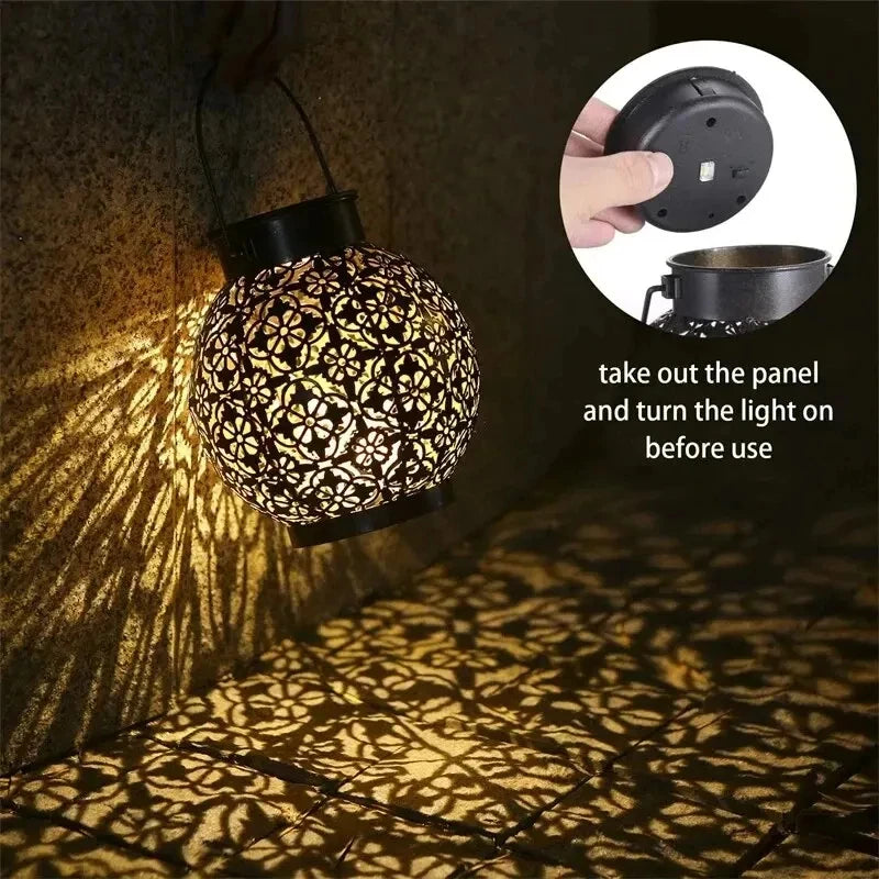 LED Solar Lantern Light - Hollow Wrought Iron Projection Hanging Lamp