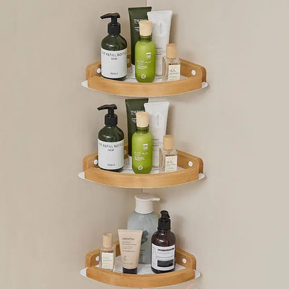 Black and white wall mounted bathroom shelves displaying various skincare and refill bottles.
