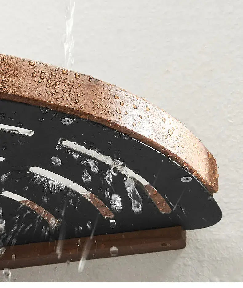 Black and white wall mounted bathroom shelves with water droplets, showcasing durability and stylish design.