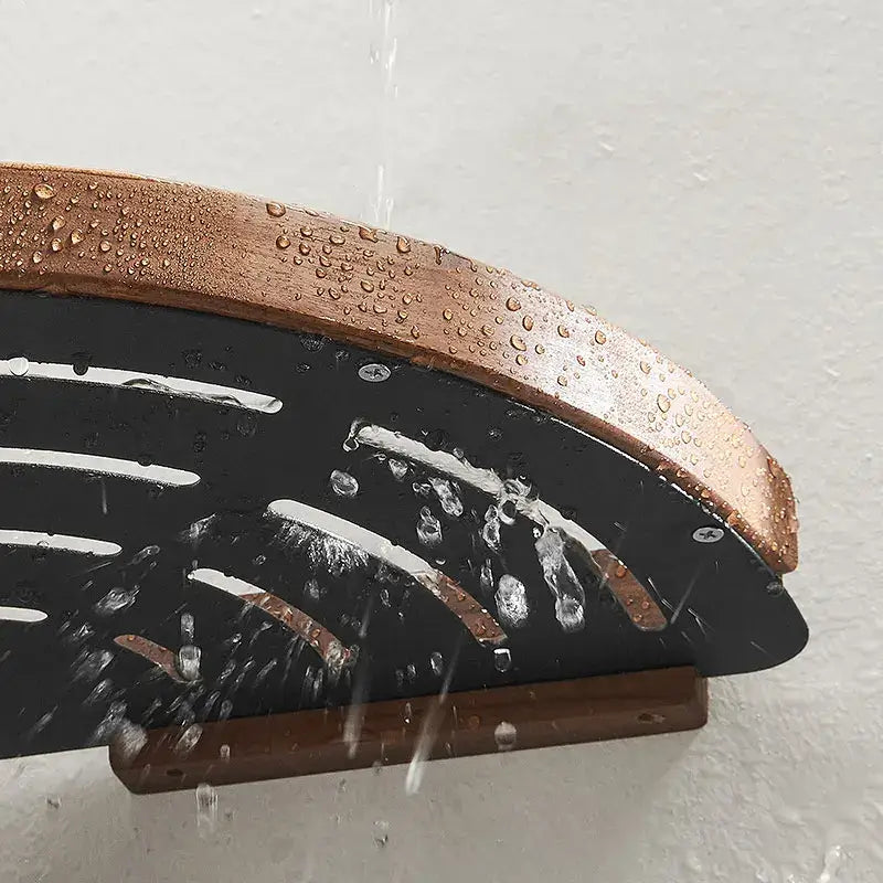 Black and white wall mounted bathroom shelves with water droplets, showcasing durable materials and elegant design.