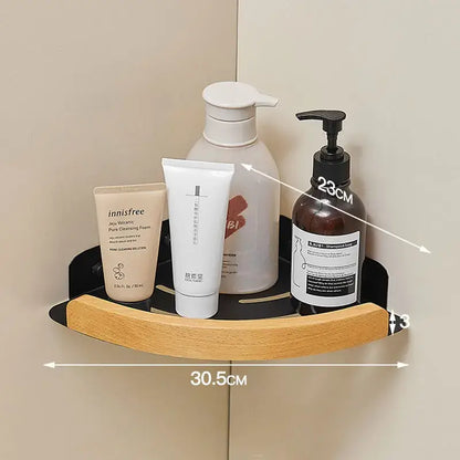 Black and white wall mounted bathroom shelves displaying toiletries, crafted with durable space aluminium and wood.