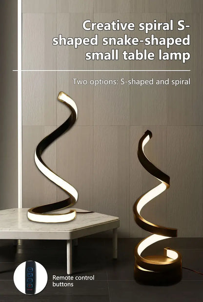 dimmable spiral LED night light displayed in creative S-shaped design with sleek modern aesthetics.