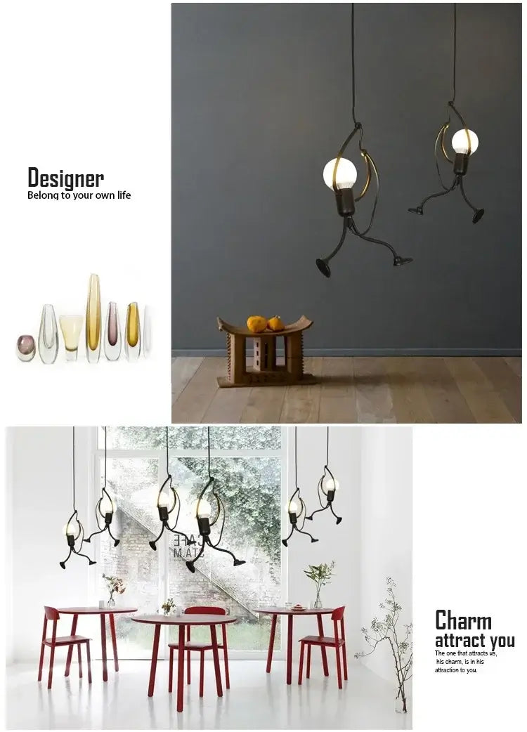 vintage industrial chandelier in modern dining space with artistic lighting and red chairs, featuring a sleek design.