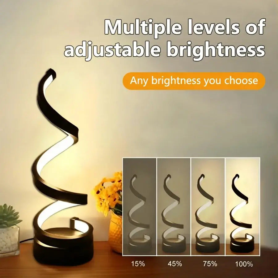 Dimmable spiral LED night light showcasing multiple brightness levels from 15% to 100% with stylish spiral design.
