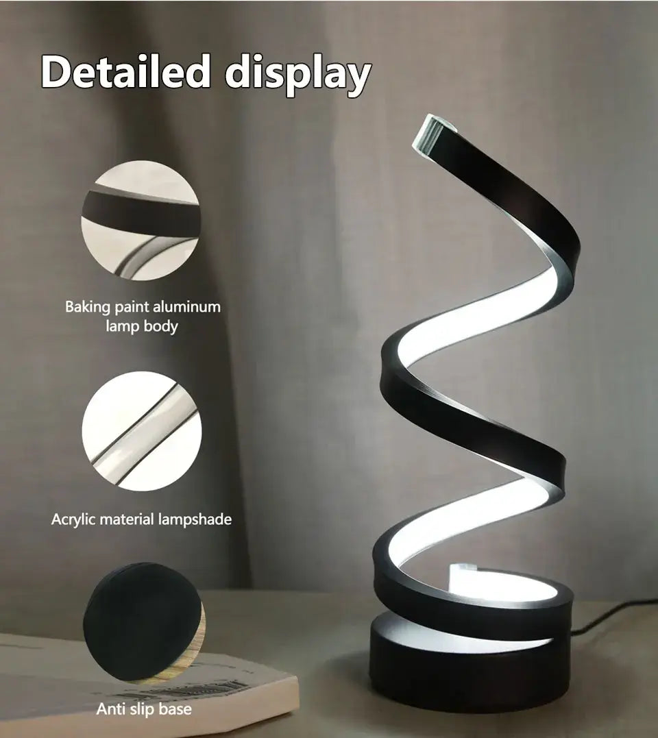 Dimmable spiral LED night light showcasing aluminum lamp body and acrylic lampshade with anti-slip base.