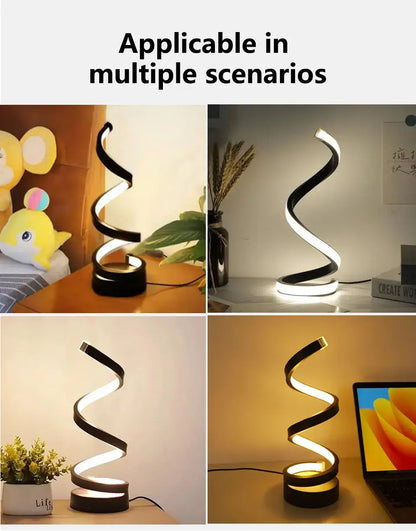 Dimmable spiral LED night light in various settings showcasing its elegant design and adjustable brightness.
