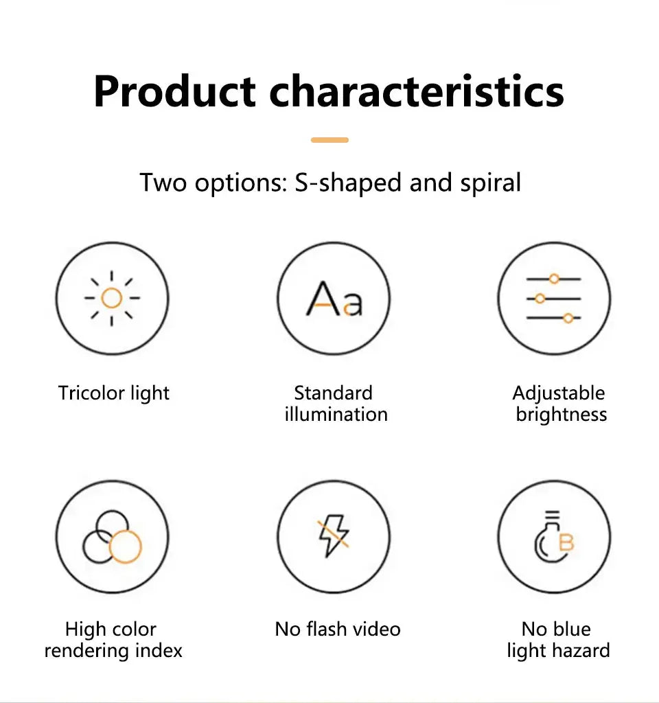 Product characteristics of dimmable spiral LED night light showing tricolor light and adjustable brightness.