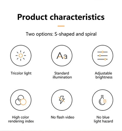 Product characteristics of dimmable spiral LED night light showing tricolor light and adjustable brightness.