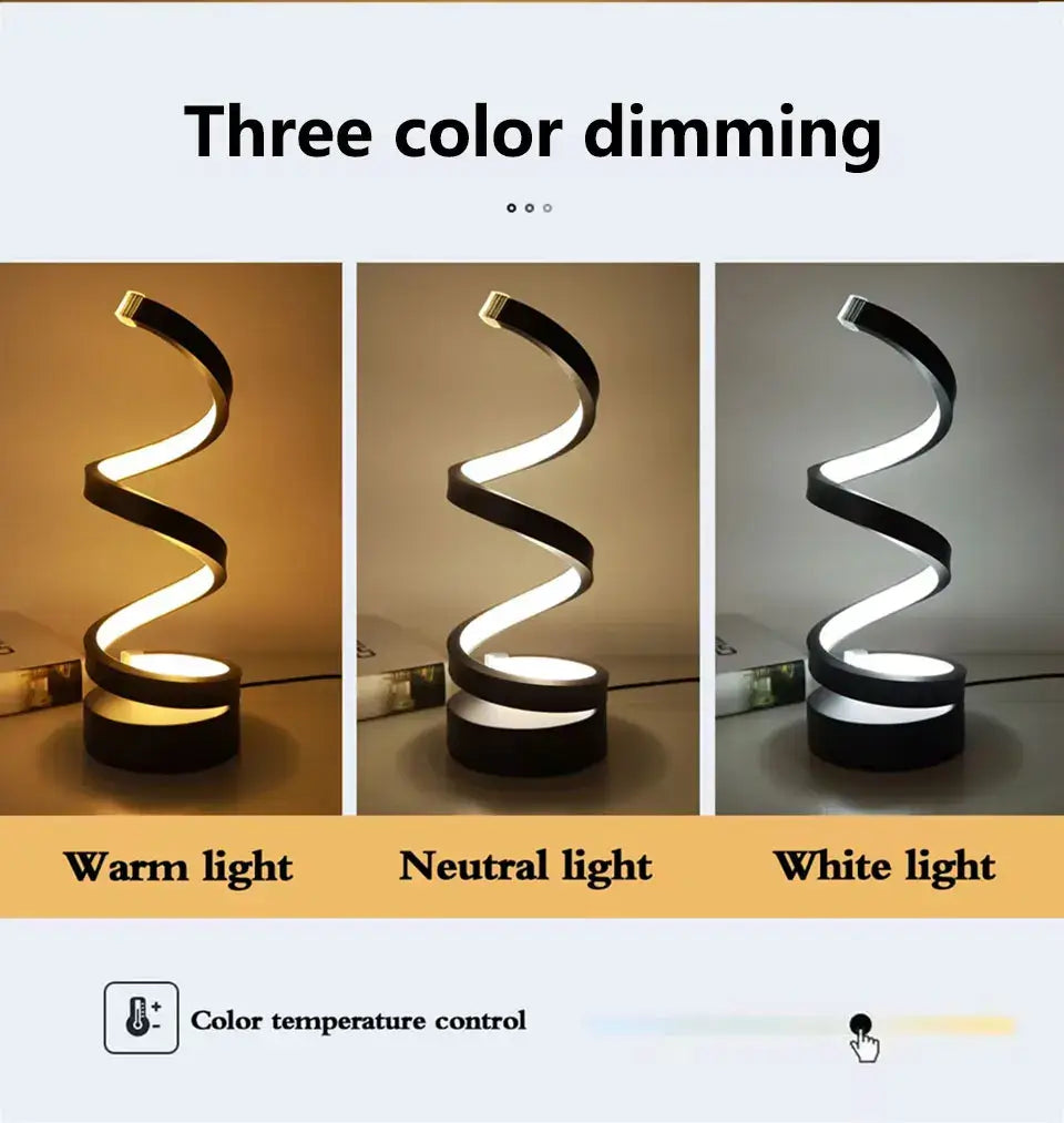 dimmable spiral LED night light showcasing three color dimming options: warm, neutral, and white light.