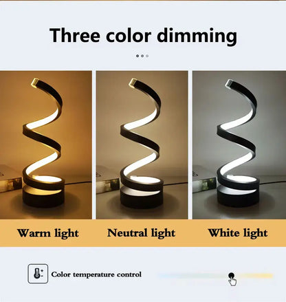 dimmable spiral LED night light showcasing three color dimming options: warm, neutral, and white light.