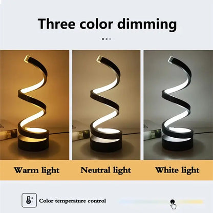 Dimmable spiral LED night light showcasing warm, neutral, and white light options with three color dimming features.