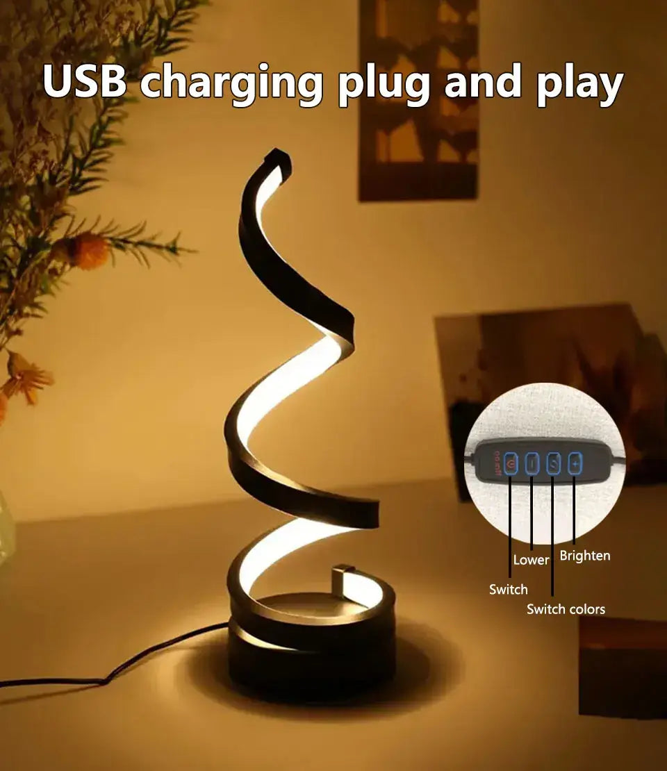 Dimmable spiral LED night light with USB charging, adjustable brightness and color switches for versatile lighting.