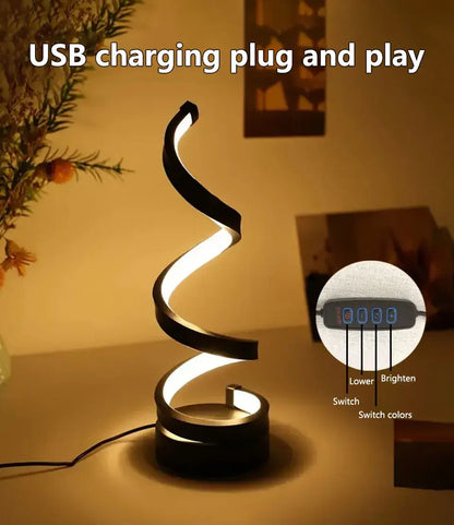 Dimmable spiral LED night light with USB charging, adjustable brightness and color switches for versatile lighting.