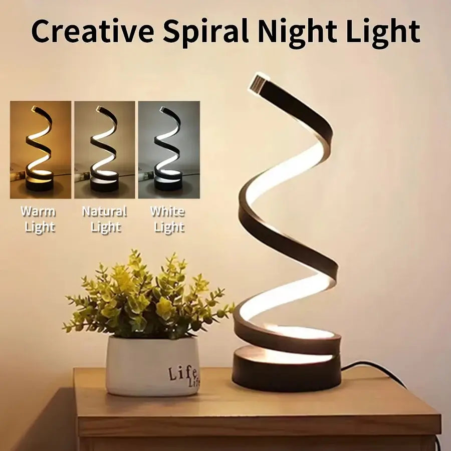 Dimmable spiral LED night light showcasing three color options: warm, natural, and white.