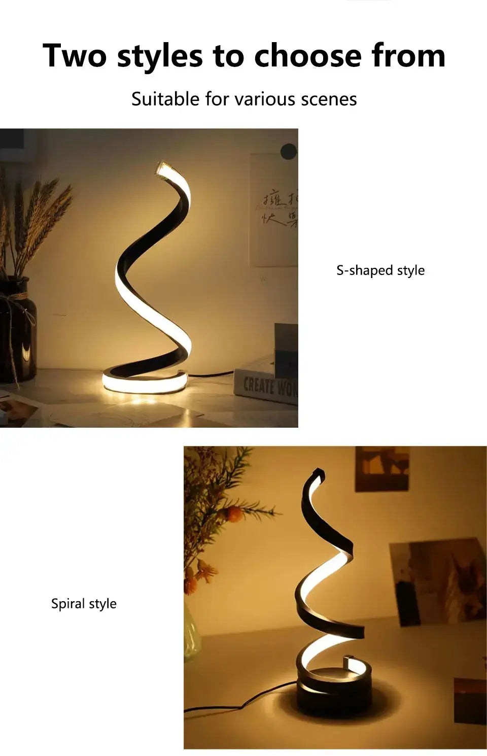 Dimmable spiral LED night light showcasing two designs: S-shaped style and spiral style for versatile lighting.