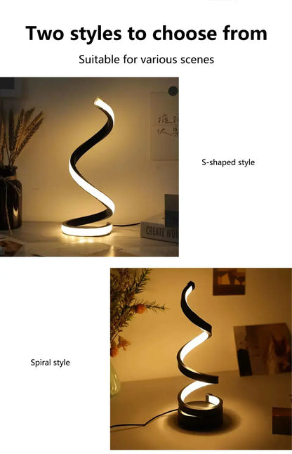 Dimmable spiral LED night light showcasing two designs: S-shaped style and spiral style for versatile lighting.