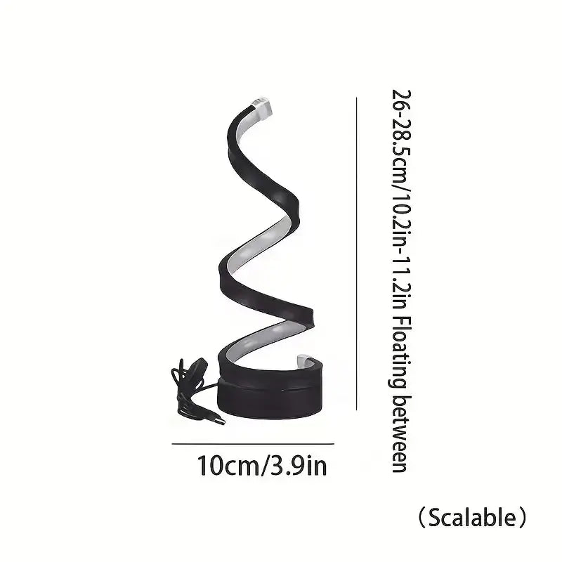 dimmable spiral LED night light showcasing a sleek spiral design, dimensions 10cm wide, USB plug-in feature.