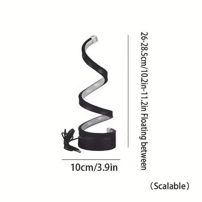 dimmable spiral LED night light showcasing a sleek spiral design, dimensions 10cm wide, USB plug-in feature.