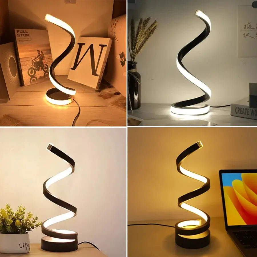 Dimmable spiral LED night light with modern design, showcasing adjustable color temperatures and elegant spiral shape.