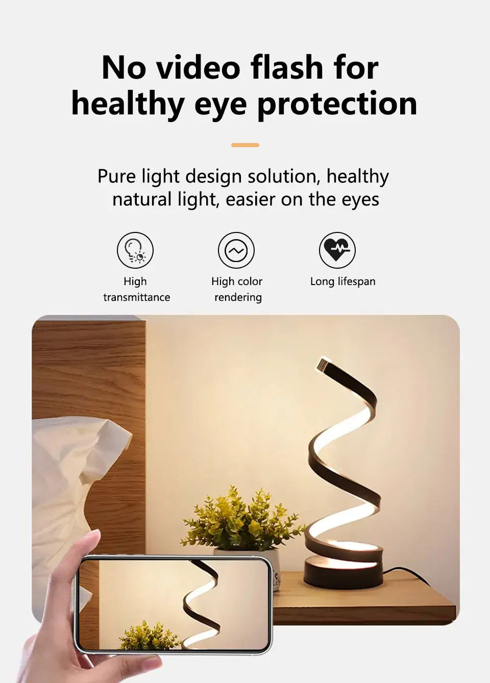 Dimmable spiral LED night light illuminating a cozy bedside table with healthy eye protection features.