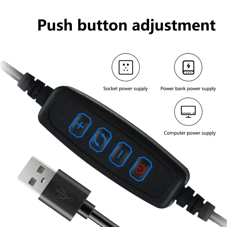 Push button adjustment controller for USB powered devices including night lights and lamps.