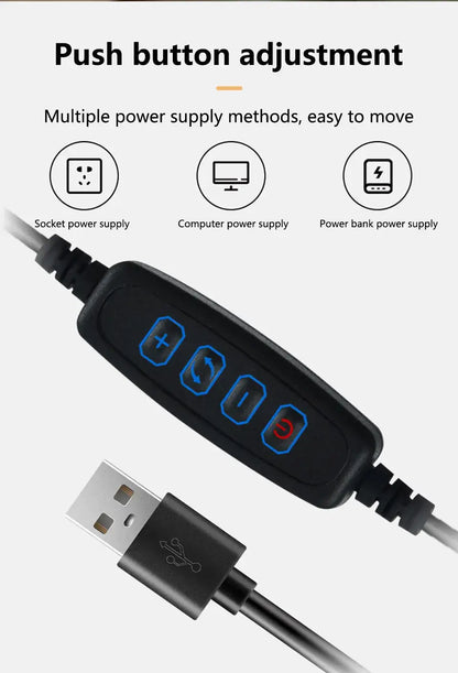 Push button adjustment for dimmable spiral LED night light with multiple power supply methods.