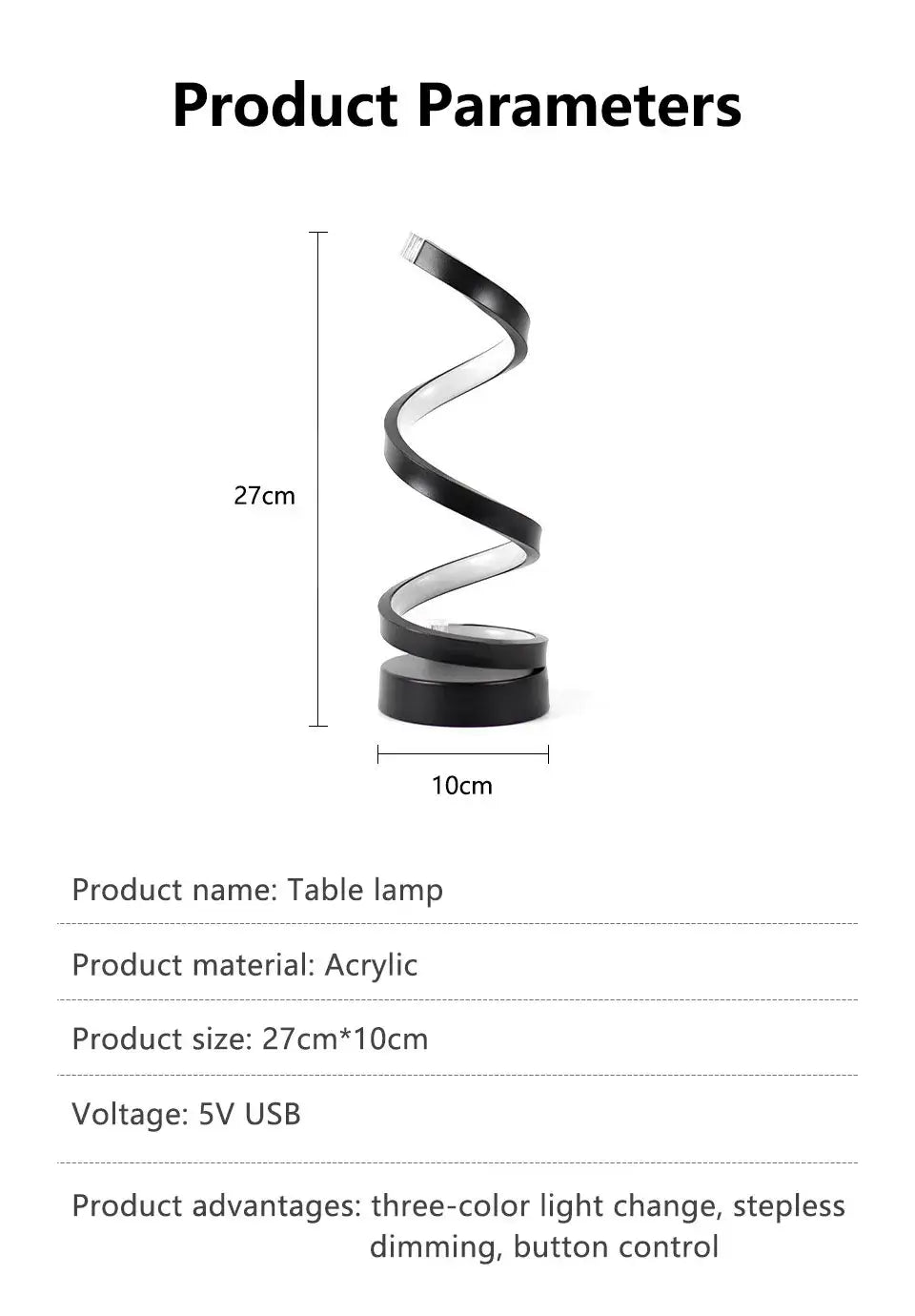 Dimmable spiral LED night light showcasing its sleek design and size specifications.