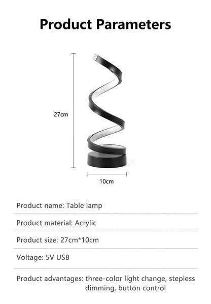 Dimmable spiral LED night light showcasing its sleek design and size specifications.
