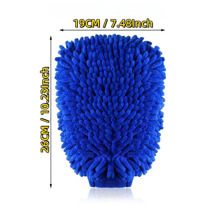 Blue double-sided microfiber car wash mitt measuring 19CM by 26CM, featuring ultra-absorbent chenille fibers for scratch-free cleaning.
