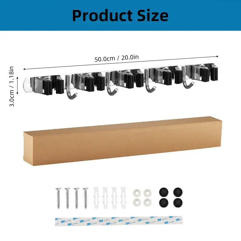 Product size image for Housite heavy-duty stainless steel mop and broom holder showing dimensions and installation accessories.