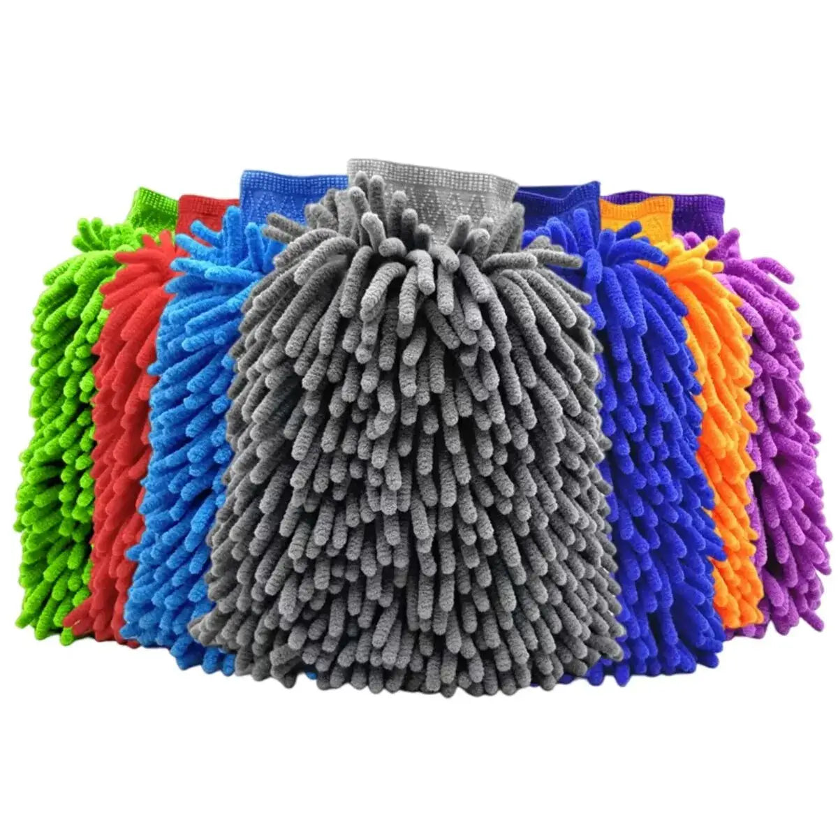 Colorful double-sided microfiber car wash mitts in various hues, featuring ultra-absorbent chenille material for scratch-free cleaning.