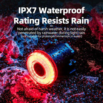 USB-C rechargeable bike tail light with IPX7 waterproof rating, designed to resist rain for safer cycling.