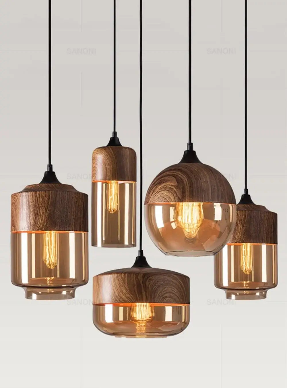 Five modern Nordic LED glass pendant lights with wooden accents and warm glowing bulbs, perfect for home decor.