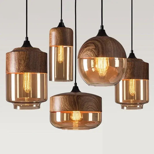 Nordic LED glass pendant lights with wooden accents, ideal for modern home decor in living and dining spaces.