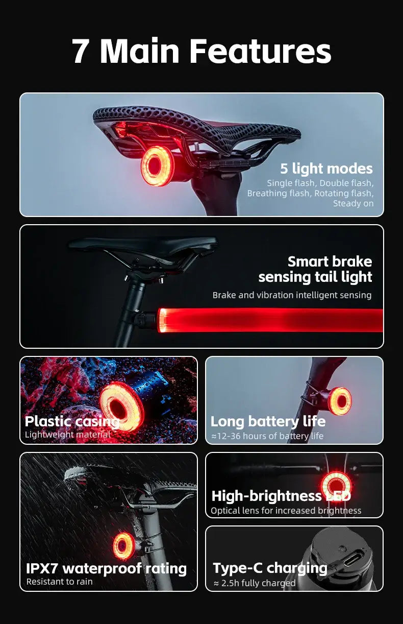 Smart Bike Tail Light – USB-C Rechargeable LED Rear Bicycle Light | IPX6 Waterproof Safety Light for Night Riding & Cycling features.