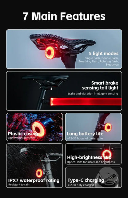 Smart Bike Tail Light – USB-C Rechargeable LED Rear Bicycle Light | IPX6 Waterproof Safety Light for Night Riding & Cycling features.
