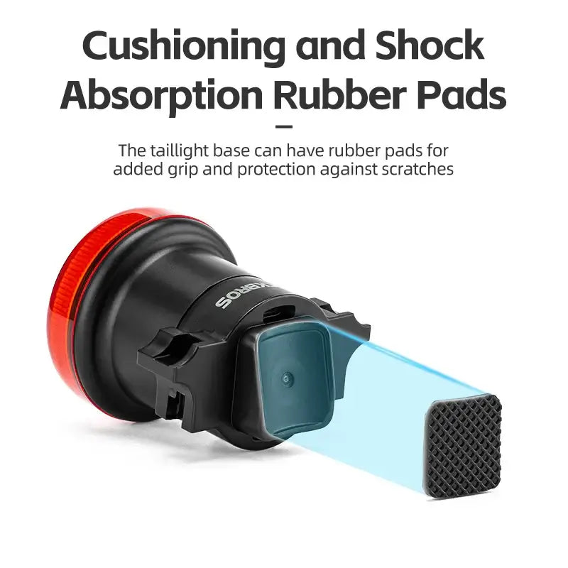 USB-C rechargeable bike tail light with cushioning and shock absorption rubber pads for added grip and protection.