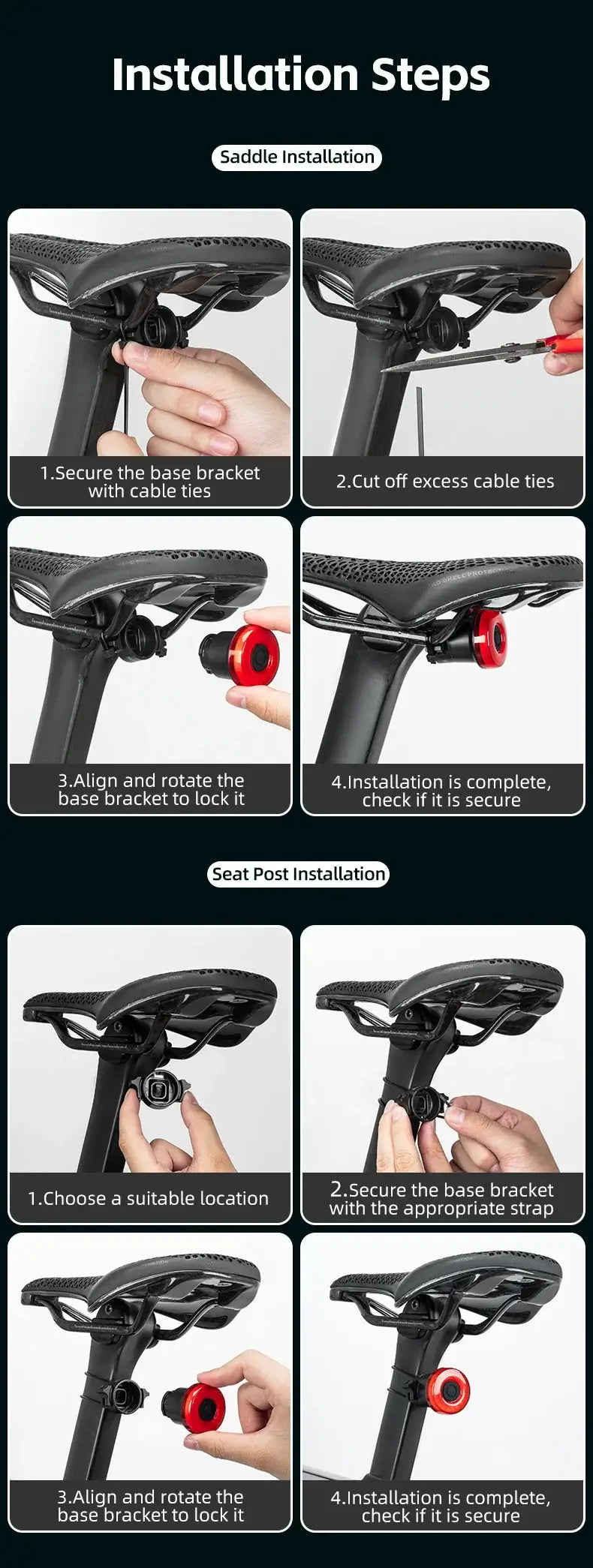 Installation steps for Smart Bike Tail Light – USB-C Rechargeable LED Rear Bicycle Light | IPX6 Waterproof Safety Light.
